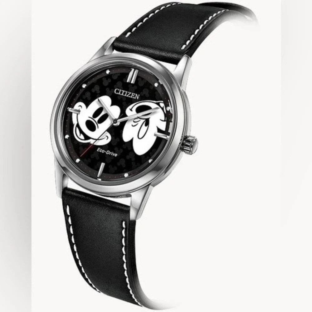 Citizen Mickey Mouse FE7060 Eco-Drive Black Leather Strap Stainless Steel Watch